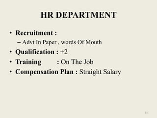 HR DEPARTMENT
• Recruitment :
  – Advt In Paper , words Of Mouth
• Qualification : +2
• Training      : On The Job
• Compensation Plan : Straight Salary




                                        13
 