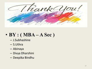 in



• BY : ( MBA – A Sec )
  –   J.Subhashine
  –   S.Uthra
  –   Abinaya
  –   Divya Dharshini
  –   Deepika Bindhu

                             27
 