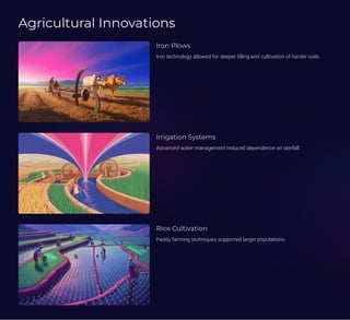 Agricultural Innovations
Iron Plows
Iron technology allowed for deeper tilling and cultivation of harder soils.
Irrigation Systems
Advanced water management reduced dependence on rainfall.
Rice Cultivation
Paddy farming techniques supported larger populations.
 