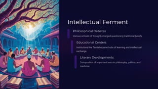 Intellectual Ferment
Philosophical Debates
Various schools of thought emerged questioning traditional beliefs.
Educational Centers
Institutions like Taxila became hubs of learning and intellectual
exchange.
Literary Developments
Composition of important texts in philosophy, politics, and
medicine.
 