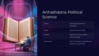 Artha[hstra: Political
Science
Author Kaut #ilya (also known as
Chanakya)
Period Around 4th century BCE
Content Statecraft, economic policy,
military strategy
Significance One of the earliest comprehensive
treatises on governance
 