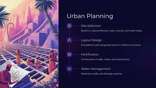 Urban Planning
Site Selection
Based on natural defenses, water sources, and trade routes.
Layout Design
Grid patterns with designated areas for different functions.
Fortification
Construction of walls, moats, and watchtowers.
Water Management
Reservoirs, wells, and drainage systems.
 