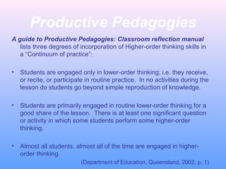 Productive Pedagogies
A guide to Productive Pedagogies: Classroom reflection manual
lists three degrees of incorporation of Higher-order thinking skills in
a “Continuum of practice”:
• Students are engaged only in lower-order thinking; i.e. they receive,
or recite, or participate in routine practice. In no activities during the
lesson do students go beyond simple reproduction of knowledge.
• Students are primarily engaged in routine lower-order thinking for a
good share of the lesson. There is at least one significant question
or activity in which some students perform some higher-order
thinking.
• Almost all students, almost all of the time are engaged in higher-
order thinking.
(Department of Education, Queensland, 2002, p. 1)
 