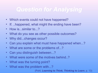 Question for Analysing
• Which events could not have happened?
• If. ..happened, what might the ending have been?
• How is...similar to...?
• What do you see as other possible outcomes?
• Why did...changes occur?
• Can you explain what must have happened when...?
• What are some or the problems of...?
• Can you distinguish between...?
• What were some of the motives behind..?
• What was the turning point?
• What was the problem with...?
(Pohl, Learning to Think, Thinking to Learn, p. 13)
 