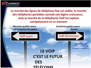 Mauvaise qualité sonore  Interruptions des appels Excellente qualité sonore  Aucune interruption LE VOIP  C’EST LE FUTUR  DES TÉLÉCOMS Le marché des lignes de téléphone fixe est stable, le marché des téléphones portables connaît une légère croissance,  mais le marché de la téléphonie VoIP lui explose comlpètement en ce moment MÊME AVEC UNE SIMPLE CONNEXION INTERNET COMMUTÉE 