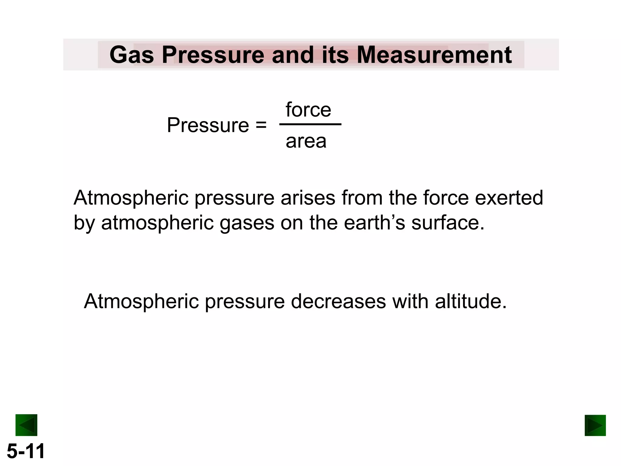 Gas Pressure and its Measurement
force
Pressure =
area
Atmospheric pressure arises from the force exerted
by atmospheric gases on the earth’s surface.

Atmospheric pressure decreases with altitude.

5-11

 