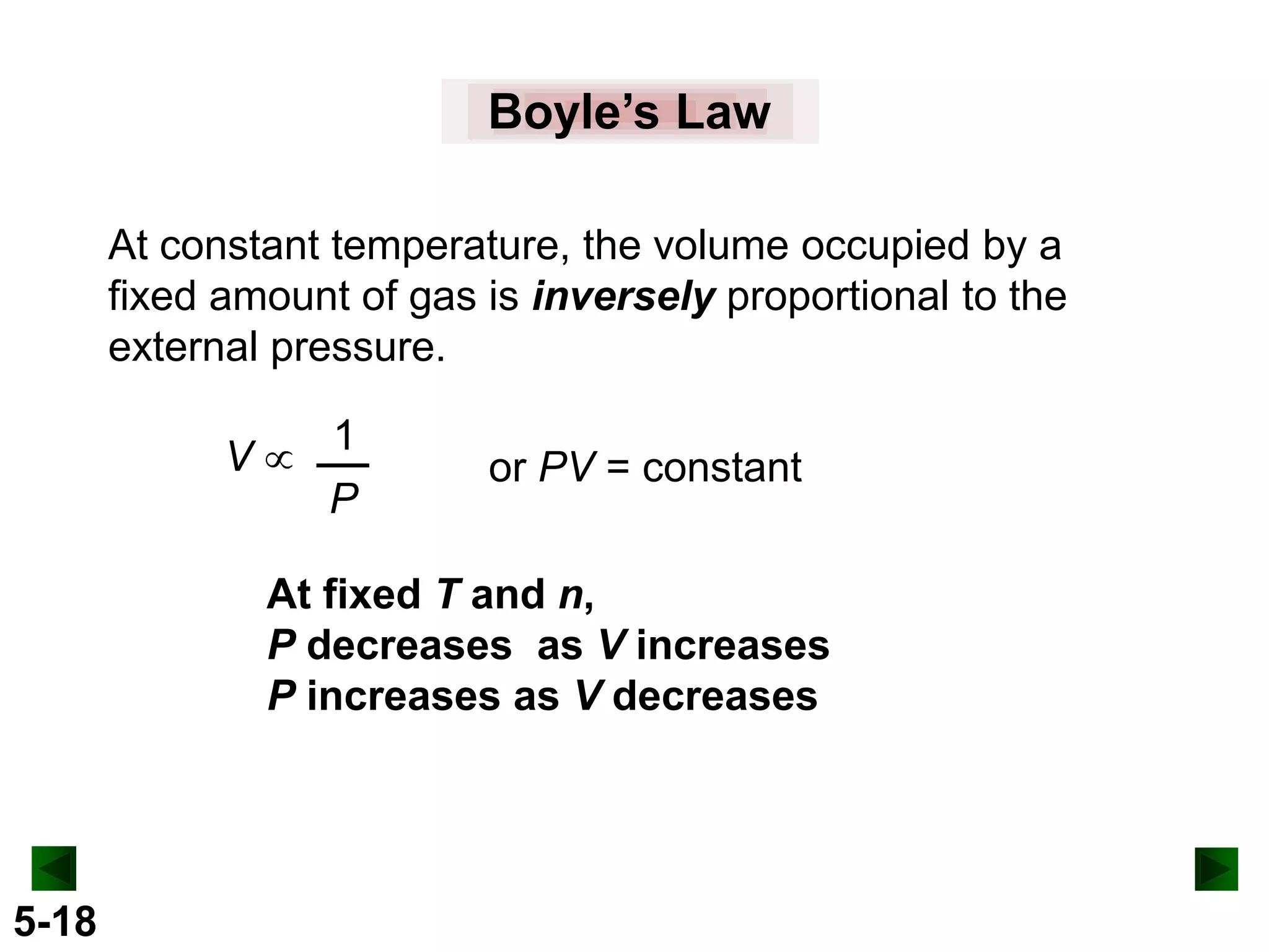 Boyle’s Law
At constant temperature, the volume occupied by a
fixed amount of gas is inversely proportional to the
external pressure.
V

1
P

or PV = constant

At fixed T and n,
P decreases as V increases
P increases as V decreases

5-18

 