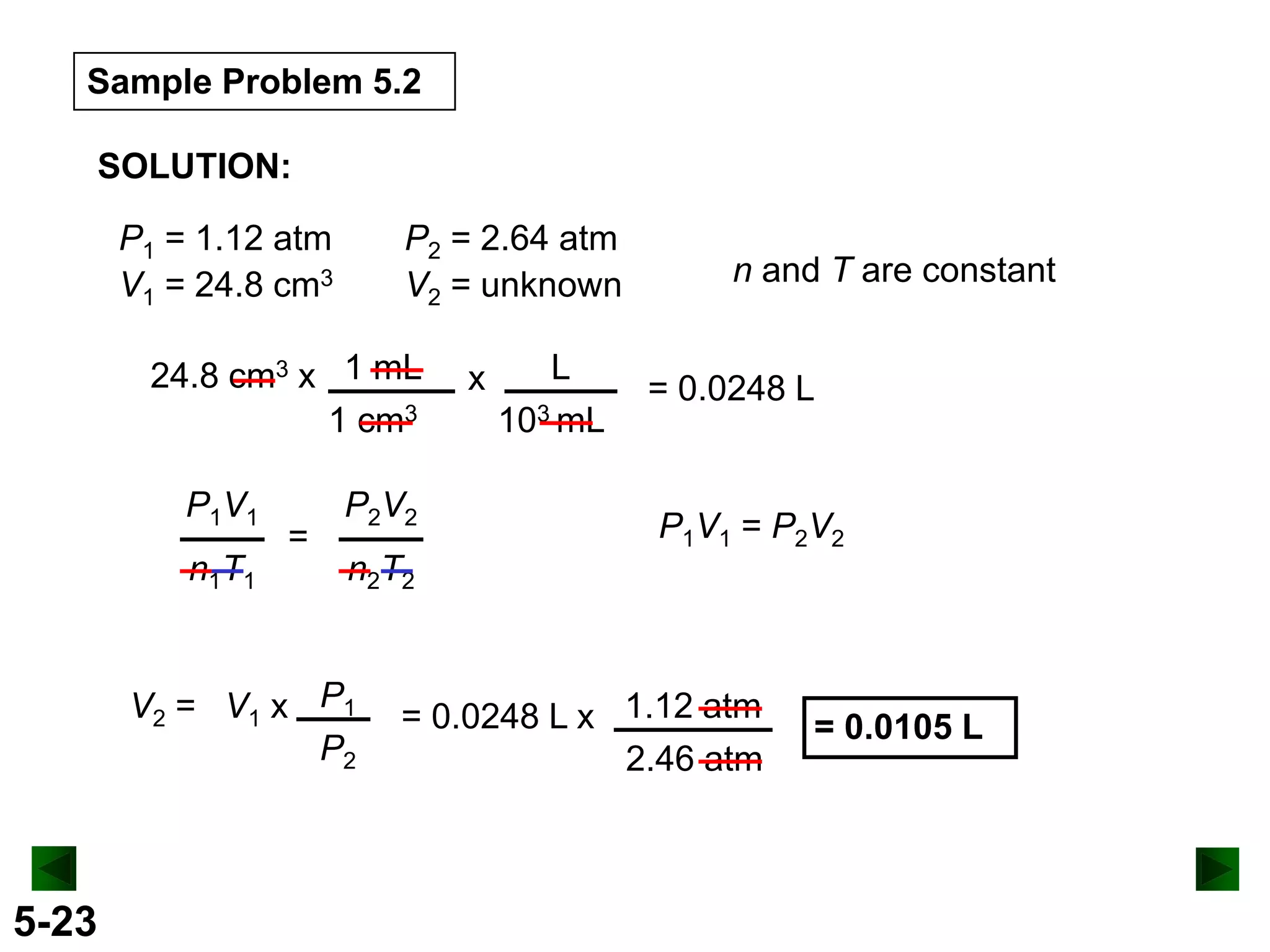 Sample Problem 5.2
SOLUTION:
P1 = 1.12 atm
V1 = 24.8 cm3

P2 = 2.64 atm
V2 = unknown

24.8 cm3 x 1 mL
1 cm3
P1V1
n1T1

=

P2V2

L
103 mL

= 0.0248 L

P1V1 = P2V2

n2T2

V2 = V1 x P1
P2

5-23

x

n and T are constant

= 0.0248 L x 1.12 atm
2.46 atm

= 0.0105 L

 