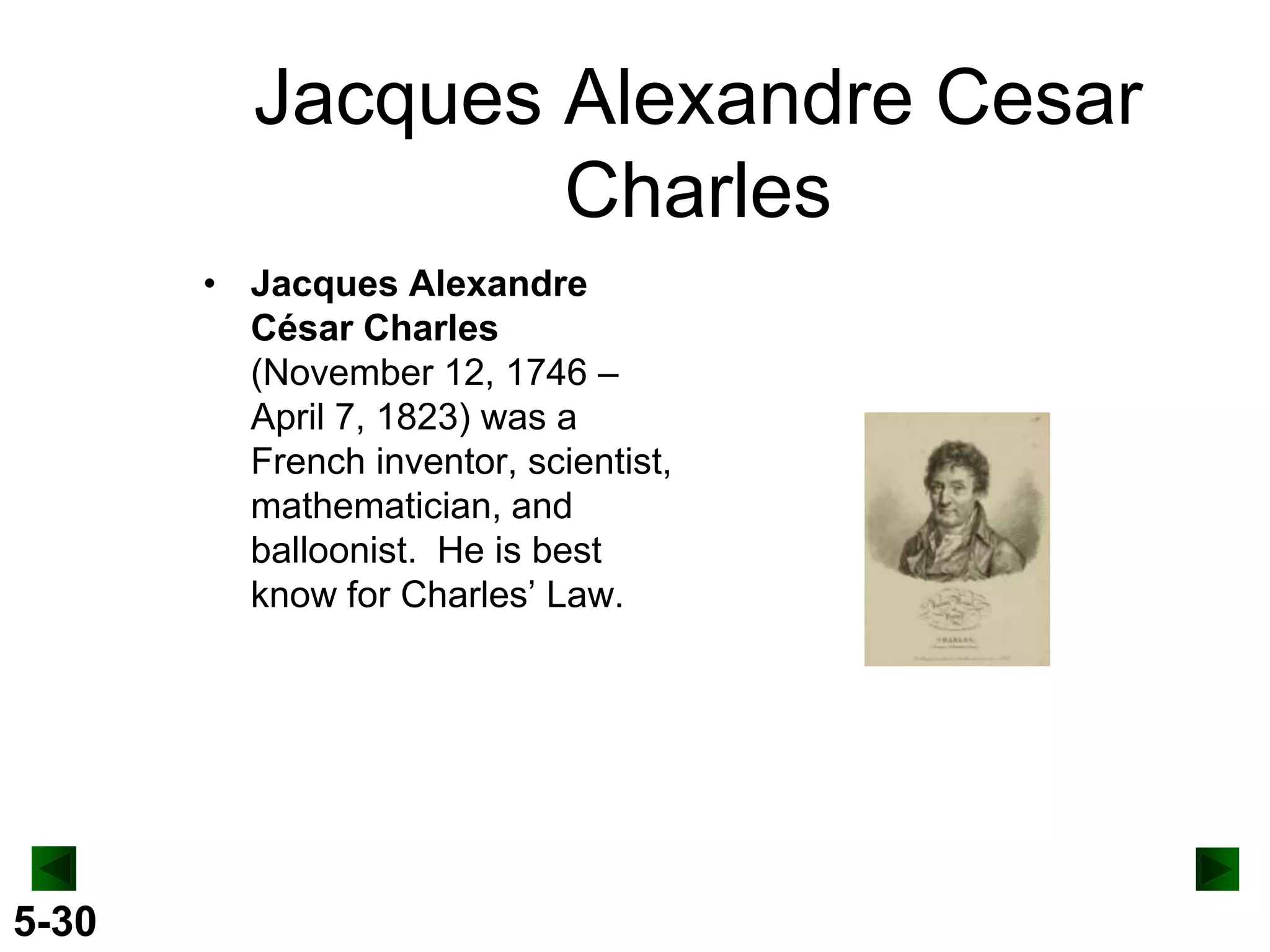 Jacques Alexandre Cesar
Charles
• Jacques Alexandre
César Charles
(November 12, 1746 –
April 7, 1823) was a
French inventor, scientist,
mathematician, and
balloonist. He is best
know for Charles’ Law.

5-30

 