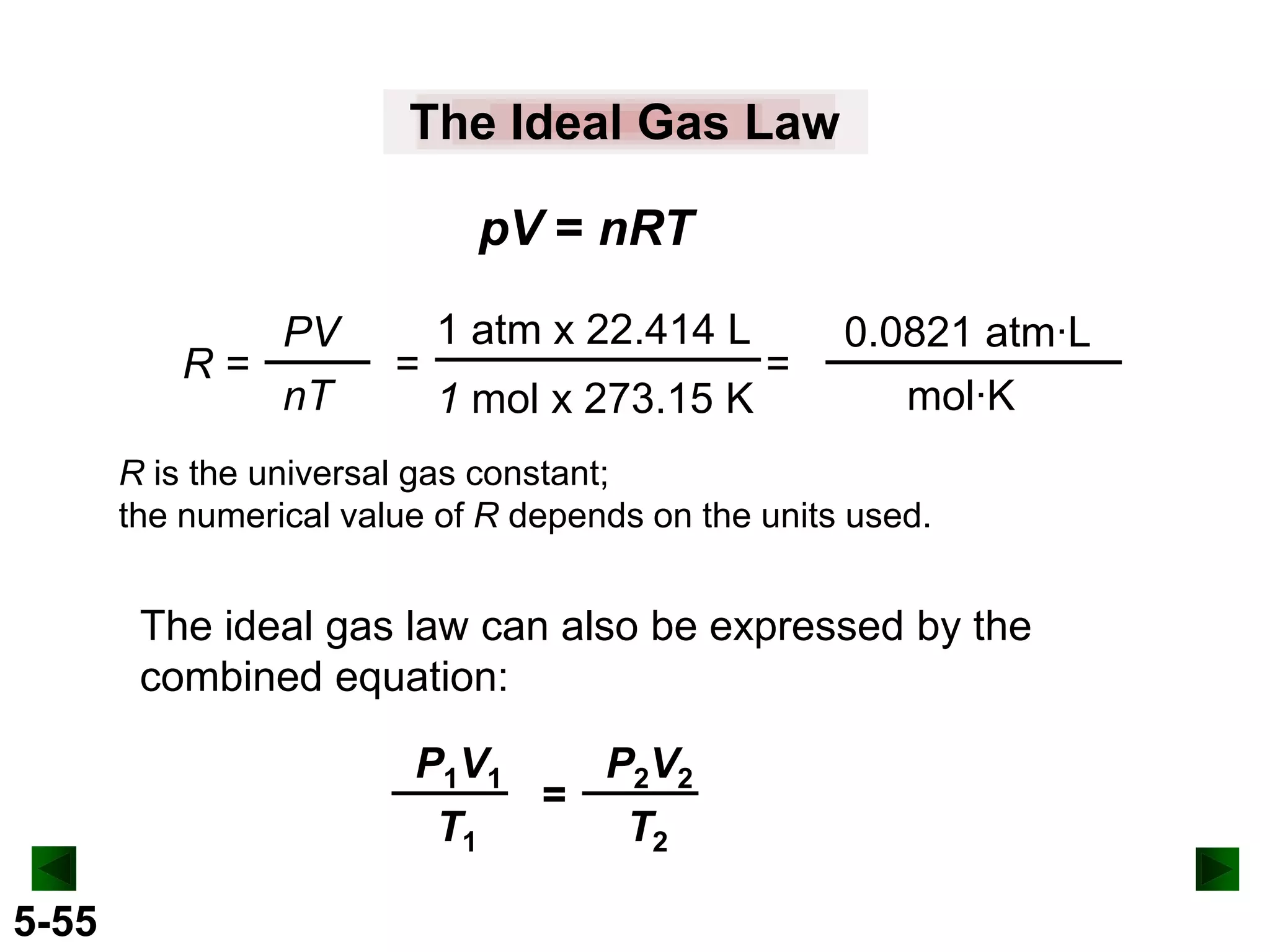 The Ideal Gas Law
pV = nRT
PV
R=
nT

=

1 atm x 22.414 L
1 mol x 273.15 K

=

0.0821 atm·L
mol·K

R is the universal gas constant;
the numerical value of R depends on the units used.

The ideal gas law can also be expressed by the
combined equation:

P1V1
P2V2
=
T1
T2
5-55

 