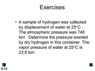 Exercises
• A sample of hydrogen was collected
by displacement of water at 25 C .
The atmospheric pressure was 748
torr. Determine the pressure exerted
by dry hydrogen in this container. The
vapor pressure of water at 25 C is
23.8 torr.

5-13

 