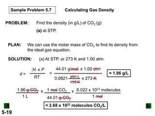 Sample Problem 5.7
PROBLEM:

Calculating Gas Density

Find the density (in g/L) of CO2 (g)
(a) at STP.

PLAN:

We can use the molar mass of CO2 to find its density from
the ideal gas equation.

SOLUTION:

d=

(a) At STP, or 273 K and 1.00 atm:

M xP
RT

44.01 g/mol x 1.00 atm
=

0.0821 atm·L x 273 K

= 1.96 g/L

mol·K

1.96 g CO2 x 1 mol CO2 x 6.022 x 1023 molecules
1L
1 mol
44.01 g CO2
= 2.68 x 1022 molecules CO2/L

5-19

 