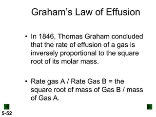 Graham’s Law of Effusion
• In 1846, Thomas Graham concluded
that the rate of effusion of a gas is
inversely proportional to the square
root of its molar mass.
• Rate gas A / Rate Gas B = the
square root of mass of Gas B / mass
of Gas A.
5-52

 