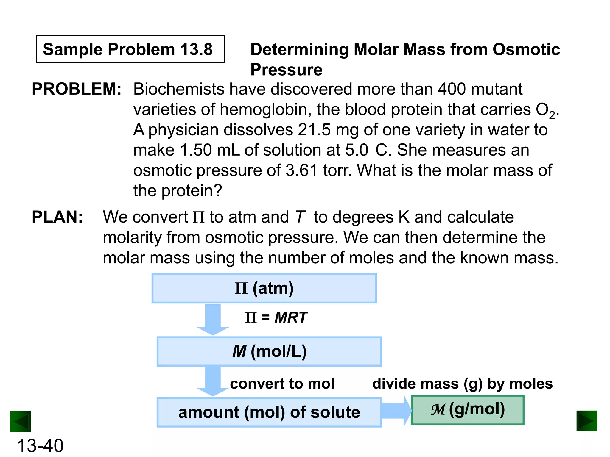 Sample Problem 13.8

Determining Molar Mass from Osmotic
Pressure
PROBLEM: Biochemists have discovered more than 400 mutant
varieties of hemoglobin, the blood protein that carries O2.
A physician dissolves 21.5 mg of one variety in water to
make 1.50 mL of solution at 5.0 C. She measures an
osmotic pressure of 3.61 torr. What is the molar mass of
the protein?
PLAN:

We convert Π to atm and T to degrees K and calculate
molarity from osmotic pressure. We can then determine the
molar mass using the number of moles and the known mass.
Π (atm)
Π = MRT

M (mol/L)
convert to mol

amount (mol) of solute

13-40

divide mass (g) by moles

M (g/mol)

 
