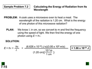 Sample Problem 7.2

Calculating the Energy of Radiation from Its
Wavelength

PROBLEM: A cook uses a microwave oven to heat a meal. The
wavelength of the radiation is 1.20 cm. What is the energy
of one photon of this microwave radiation?
PLAN:

We know in cm, so we convert to m and find the frequency
using the speed of light. We then find the energy of one
photon using E = h .

SOLUTION:
E=h =

7-15

hc

=

(6.626 x 10-34) J∙s)(3.00 x 108 m/s)
10-2 m
(1.20 cm)(
)
1 cm

= 1.66 x 10-23 J

 