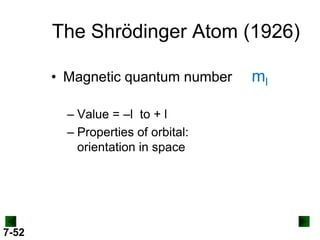 The Shrödinger Atom (1926)
• Magnetic quantum number
– Value = –l to + l
– Properties of orbital:
orientation in space

7-52

ml

 