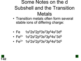 Some Notes on the d
Subshell and the Transition
Metals

• Transition metals often form several
stable ions of differing charge:
• Fe 1s22s22p63s23p64s23d6
• Fe2+ 1s22s22p63s23p64s13d5
• Fe3+ 1s22s22p63s23p64s03d5

7-62

 