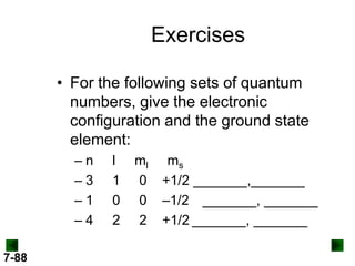 Exercises
• For the following sets of quantum
numbers, give the electronic
configuration and the ground state
element:
–n
–3
–1
–4
7-88

l
1
0
2

ml
0
0
2

ms
+1/2 _______,_______
–1/2 _______, _______
+1/2 _______, _______

 