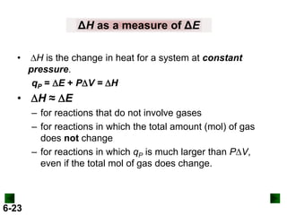 ΔH as a measure of ΔE
•

DH is the change in heat for a system at constant
pressure.
qP = DE + PDV = DH

• DH ≈ DE
– for reactions that do not involve gases
– for reactions in which the total amount (mol) of gas
does not change
– for reactions in which qP is much larger than PDV,
even if the total mol of gas does change.

6-23

 