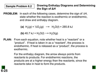 Sample Problem 6.2

Drawing Enthalpy Diagrams and Determining
the Sign of ΔH

PROBLEM: In each of the following cases, determine the sign of DH,
state whether the reaction is exothermic or endothermic,
and draw and enthalpy diagram.

(a) H2(g) + ½O2(g)

→

H2O(l) + 285.8 kJ

(b) 40.7 kJ + H2O(l) → H2O(g)
PLAN: From each equation, note whether heat is a “reactant” or a
“product”. If heat is taken in as a “reactant”, the process is
endothermic. If heat is released as a “product”, the process is
exothermic.
For the enthalpy diagram, the arrow always points from
reactants to products. For endothermic reactions, the
products are at a higher energy than the reactants, since the
reactants take in heat to form the products.

6-25

 