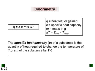 Calorimetry

q = c x m x DT

q = heat lost or gained
c = specific heat capacity
m = mass in g
DT = Tfinal - Tinitial

The specific heat capacity (c) of a substance is the
quantity of heat required to change the temperature of
1 gram of the substance by 1°C
.

6-29

 