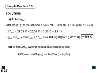 Sample Problem 6.5
SOLUTION:
(a) To find qsoln:

Total mass (g) of the solution = (25.0 mL + 50.0 mL) x 1.00 g/mL = 75.0 g
DTsoln = 27.21 C – 25.00 C = 2.21 C = 2.21 K
qsoln = csoln x masssoln x DTsoln = (4.184 J/g∙K)(75.0 g)(2.21 K) = 693 K
(b) To find DHrxn we first need a balanced equation:
HCl(aq) + NaOH(aq) → NaCl(aq) + H2O(l)

6-37

 