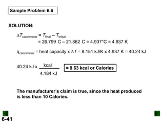 Sample Problem 6.6
SOLUTION:
DTcalorimeter = Tfinal – Tinitial
= 26.799 C – 21.862 C = 4.937°C = 4.937 K
qcalorimeter = heat capacity x DT = 8.151 kJ/K x 4.937 K = 40.24 kJ
40.24 kJ x

kcal

= 9.63 kcal or Calories

4.184 kJ

The manufacturer’s claim is true, since the heat produced
is less than 10 Calories.

6-41

 