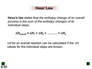 Hess’ Law
Hess’s law states that the enthalpy change of an overall
process is the sum of the enthalpy changes of its
individual steps.
DHoverall = DH1 + DH2 + ………. + DHn
DH for an overall reaction can be calculated if the DH
values for the individual steps are known.

6-52

 