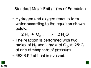 Standard Molar Enthalpies of Formation
• Hydrogen and oxygen react to form
water according to the equation shown
below.
2 H2 + O2  2 H2O
• The reaction is performed with two
moles of H2 and 1 mole of O2, at 25C
at one atmosphere of pressure.
• 483.6 KJ of heat is evolved.
6-59

 