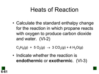 Heats of Reaction
• Calculate the standard enthalpy change
for the reaction in which propane reacts
with oxygen to produce carbon dioxide
and water. (VI-2)
C3H8(g) + 5 O2(g)  3 CO2(g) + 4 H2O(g)

• Indicate whether the reaction is
endothermic or exothermic. (VI-3)
6-61

 