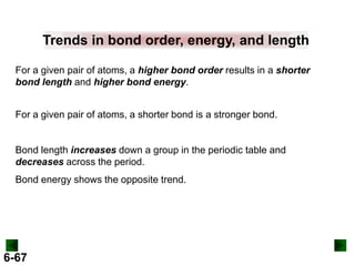 Trends in bond order, energy, and length
For a given pair of atoms, a higher bond order results in a shorter
bond length and higher bond energy.
For a given pair of atoms, a shorter bond is a stronger bond.

Bond length increases down a group in the periodic table and
decreases across the period.
Bond energy shows the opposite trend.

6-67

 