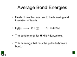 Average Bond Energies
• Heats of reaction are due to the breaking and
formation of bonds
• H2(g)  2H. (g)

DH = 432kJ

• The bond energy for H-H is 432kJ/mole.
• This is energy that must be put in to break a
bond.
6-71

 