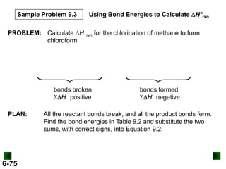 Sample Problem 9.3
PROBLEM: Calculate DH
chloroform.

Using Bond Energies to Calculate DH°rxn
rxn

bonds broken
SDH positive
PLAN:

6-75

for the chlorination of methane to form

bonds formed
SDH negative

All the reactant bonds break, and all the product bonds form.
Find the bond energies in Table 9.2 and substitute the two
sums, with correct signs, into Equation 9.2.

 
