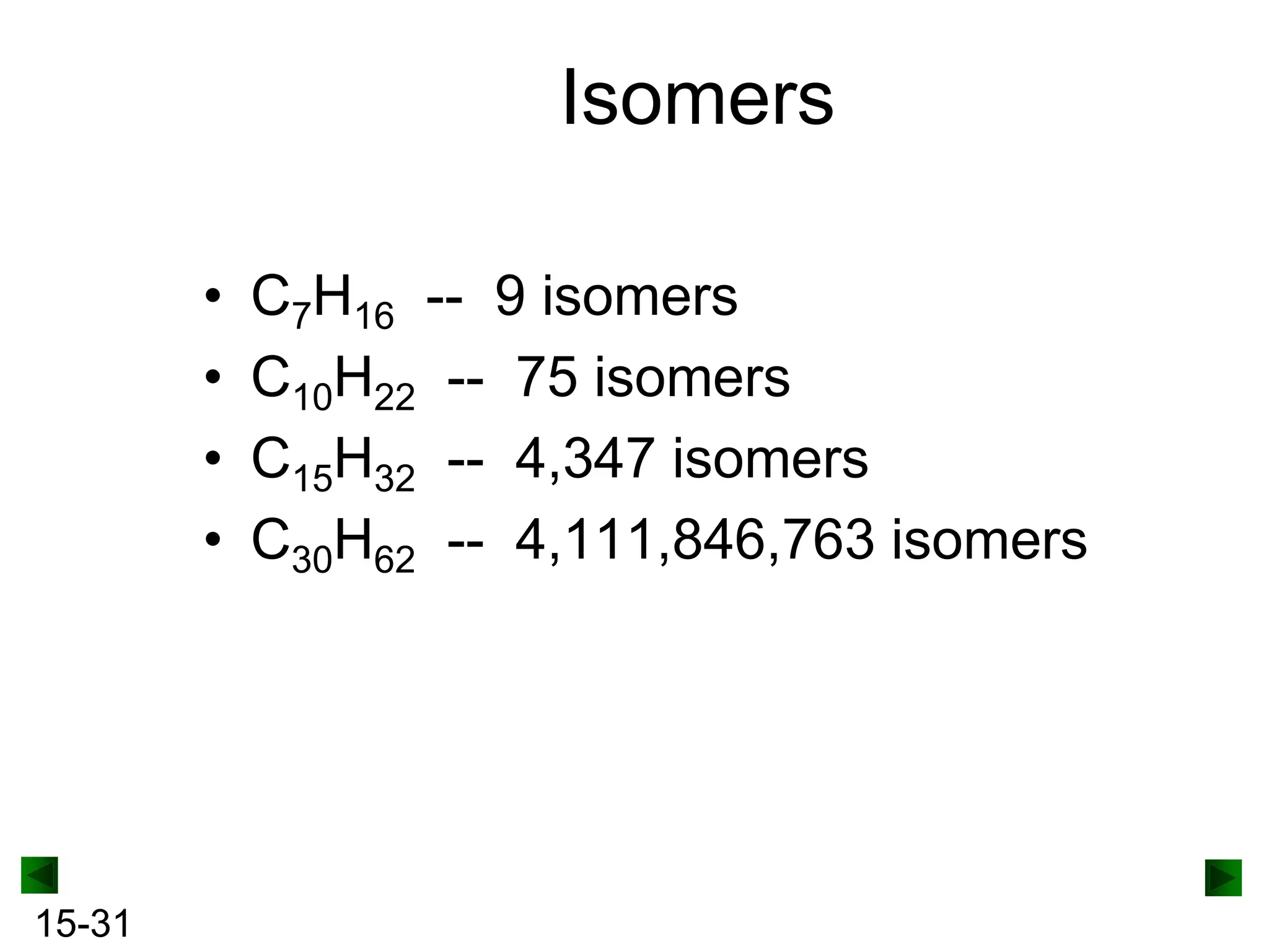 Isomers
•
•
•
•

15-31

C7H16 -- 9 isomers
C10H22 -- 75 isomers
C15H32 -- 4,347 isomers
C30H62 -- 4,111,846,763 isomers

 