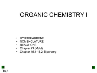 ORGANIC CHEMISTRY I

•
•
•
•
•

15-1

HYDROCARBONS
NOMENCLATURE
REACTIONS
Chapter 23 (McM)
Chapter 15.1-15.2 Silberberg

 
