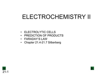 ELECTROCHEMISTRY II
•
•
•
•

21-1

ELECTROLYTIC CELLS
PREDICTION OF PRODUCTS
FARADAY’S LAW
Chapter 21.4-21.7 Silberberg

 