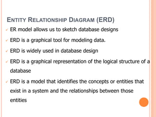 ENTITY RELATIONSHIP DIAGRAM (ERD)
 ER model allows us to sketch database designs
 ERD is a graphical tool for modeling data.
 ERD is widely used in database design
 ERD is a graphical representation of the logical structure of a
database
 ERD is a model that identifies the concepts or entities that
exist in a system and the relationships between those
entities
 