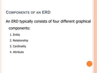 COMPONENTS OF AN ERD
An ERD typically consists of four different graphical
components:
1. Entity
2. Relationship
3. Cardinality
4. Attribute
 