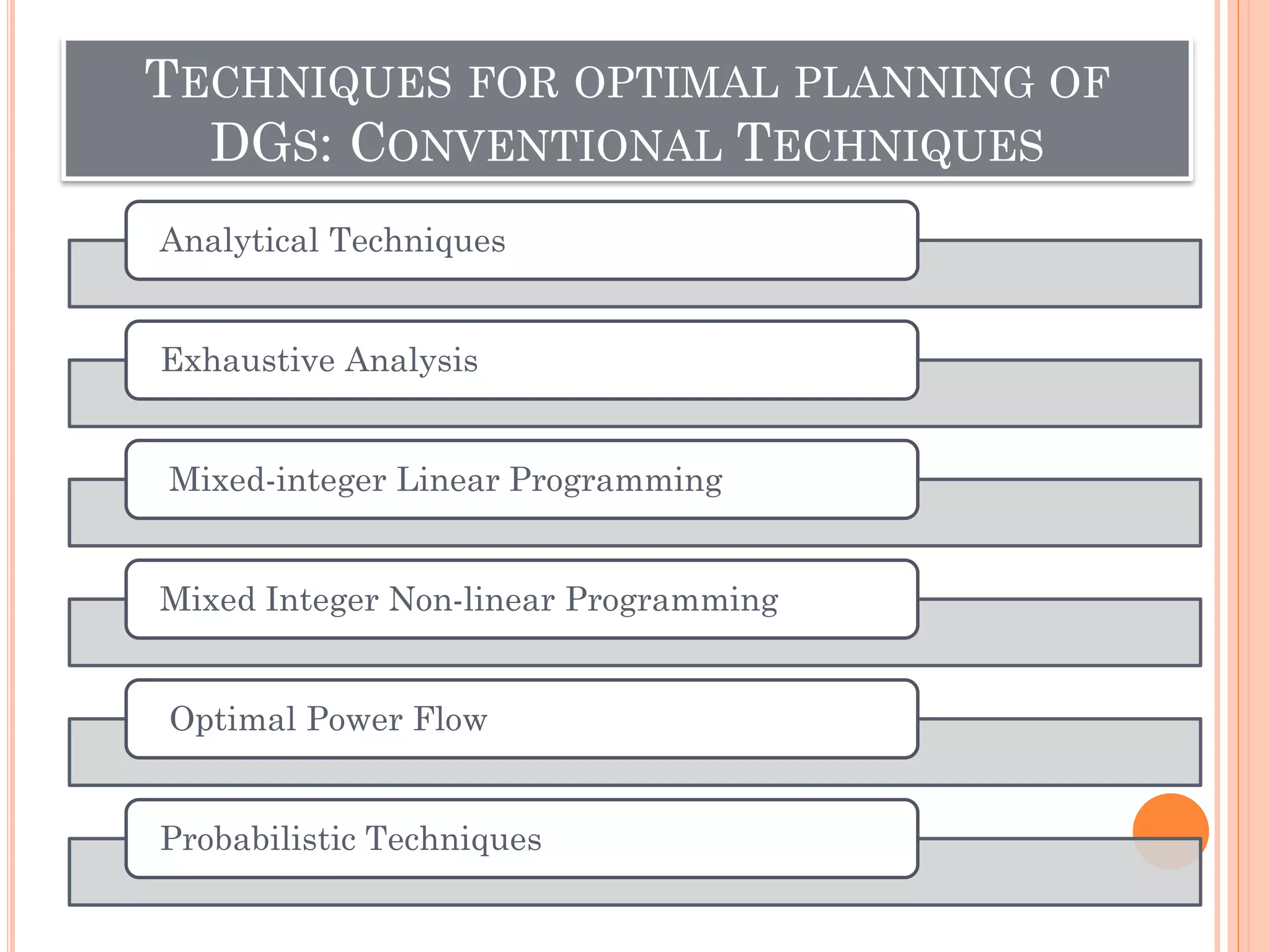TECHNIQUES FOR OPTIMAL PLANNING OF
DGS: CONVENTIONAL TECHNIQUES
Analytical Techniques
Exhaustive Analysis
Mixed-integer Linear Programming
Mixed Integer Non-linear Programming
Optimal Power Flow
Probabilistic Techniques
 