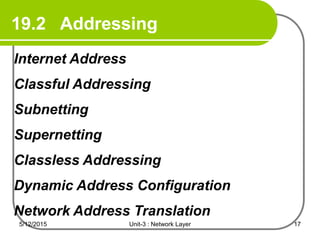 19.2 Addressing
19.2 Addressing
Internet Address
Classful Addressing
Supernetting
Subnetting
Classless Addressing
Dynamic Address Configuration
Network Address Translation
5/12/2015 17
Unit-3 : Network Layer
 
