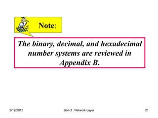 The binary, decimal, and hexadecimal
number systems are reviewed in
Appendix B.
Note
Note:
:
5/12/2015 21
Unit-3 : Network Layer
 