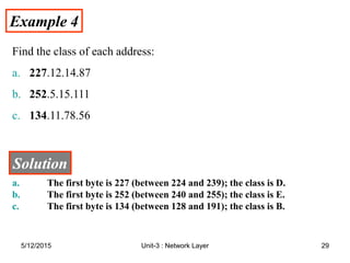 Example 4
Example 4
Find the class of each address:
a. 227.12.14.87
b. 252.5.15.111
c. 134.11.78.56
Solution
Solution
a. The first byte is 227 (between 224 and 239); the class is D.
b. The first byte is 252 (between 240 and 255); the class is E.
c. The first byte is 134 (between 128 and 191); the class is B.
5/12/2015 29
Unit-3 : Network Layer
 