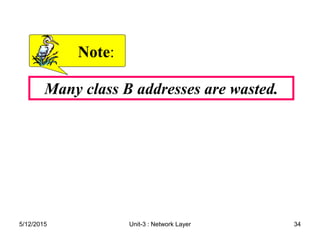 Many class B addresses are wasted.
Note
Note:
:
5/12/2015 34
Unit-3 : Network Layer
 