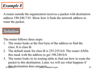 Example 8
Example 8
A router outside the organization receives a packet with destination
address 190.240.7.91. Show how it finds the network address to
route the packet.
Solution
Solution
The router follows three steps:
1. The router looks at the first byte of the address to find the
class. It is class B.
2. The default mask for class B is 255.255.0.0. The router ANDs
this mask with the address to get 190.240.0.0.
3. The router looks in its routing table to find out how to route the
packet to this destination. Later, we will see what happens if
this destination does not exist.
5/12/2015 51
Unit-3 : Network Layer
 