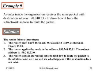 Example 9
Example 9
A router inside the organization receives the same packet with
destination address 190.240.33.91. Show how it finds the
subnetwork address to route the packet.
Solution
Solution
The router follows three steps:
1. The router must know the mask. We assume it is /19, as shown in
Figure 19.23.
2. The router applies the mask to the address, 190.240.33.91. The subnet
address is 190.240.32.0.
3. The router looks in its routing table to find how to route the packet to
this destination. Later, we will see what happens if this destination does
not exist.
5/12/2015 53
Unit-3 : Network Layer
 