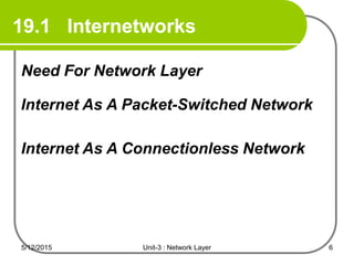 19.1 Internetworks
19.1 Internetworks
Need For Network Layer
Internet As A Packet-Switched Network
Internet As A Connectionless Network
5/12/2015 6
Unit-3 : Network Layer
 