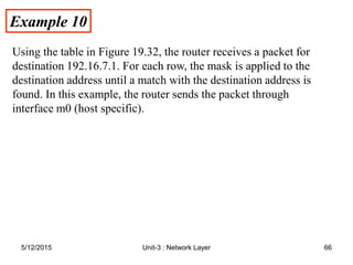 Example 10
Example 10
Using the table in Figure 19.32, the router receives a packet for
destination 192.16.7.1. For each row, the mask is applied to the
destination address until a match with the destination address is
found. In this example, the router sends the packet through
interface m0 (host specific).
5/12/2015 66
Unit-3 : Network Layer
 