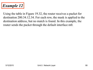 Example 12
Example 12
Using the table in Figure 19.32, the router receives a packet for
destination 200.34.12.34. For each row, the mask is applied to the
destination address, but no match is found. In this example, the
router sends the packet through the default interface m0.
5/12/2015 68
Unit-3 : Network Layer
 