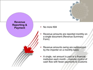No more K84 Revenue Reporting & Payment Revenue amounts are reported monthly on a single document (Revenue Summary Form) Revenue amounts owing are summarized by the importer on a monthly basis  A single, net amount is paid to a financial institution each month – importer control of cash flow with fewer payments to Customs 