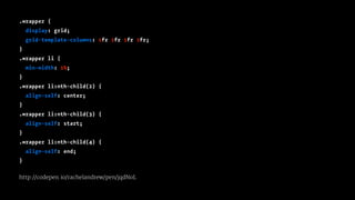 .wrapper {
display: grid;
grid-template-columns: 1fr 1fr 1fr 1fr;
}
.wrapper li {
min-width: 1%;
}
.wrapper li:nth-child(2) {
align-self: center;
}
.wrapper li:nth-child(3) {
align-self: start;
}
.wrapper li:nth-child(4) {
align-self: end;
}
http://codepen.io/rachelandrew/pen/jqdNoL
 